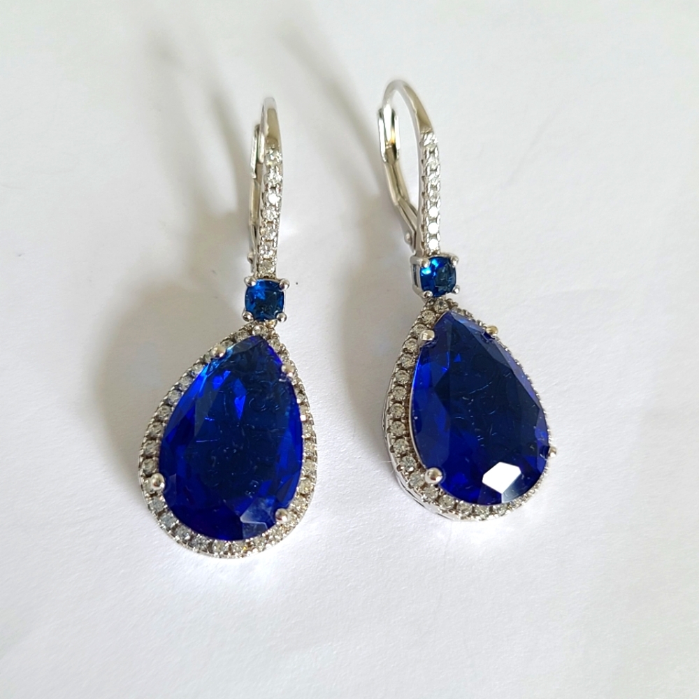 Sterling Silver Elegant Evening Blue Crystal Teardrop Party Drop Dangle Earrings